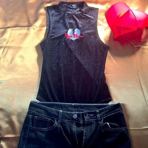 Forever 21 mock neck black velvet glitter bodysuit snap buttons